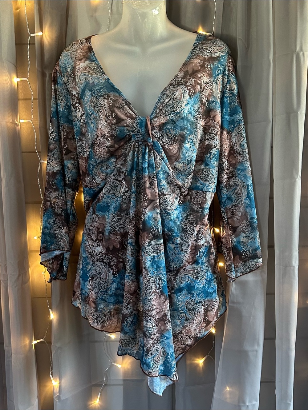 Women’s Y2K Cato fairy core whimsical blue Paisley flowy top Sz 22/24W